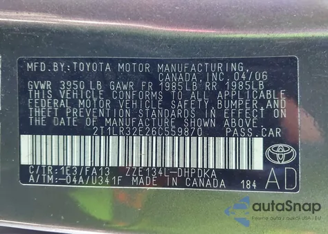 2006 Toyota Matrix z USA, uszkodzony, nr VIN 2T1LR32E26C559870